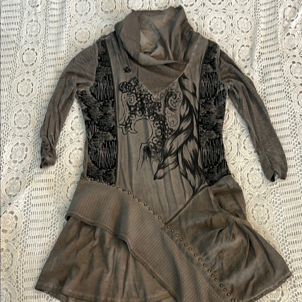 Angels never die Gray Long Sleeve Dress with Artistic Print